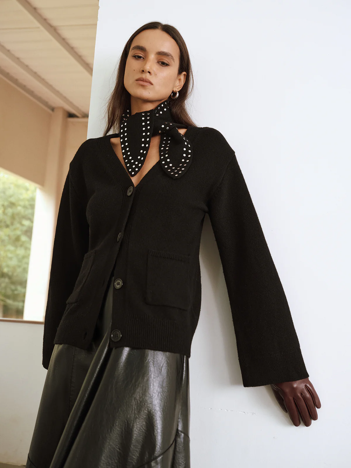 Wool Blend V-Neck Cardigan with Studded Scarf - Image 3