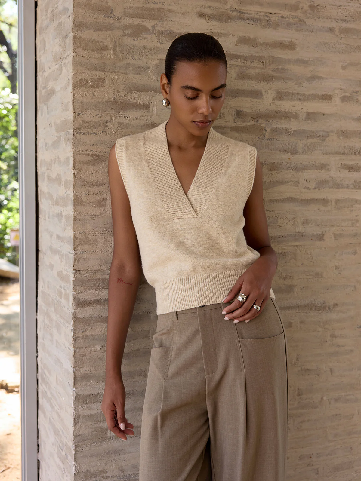 Wool-Blend V-Neck Sleeveless Knit Vest