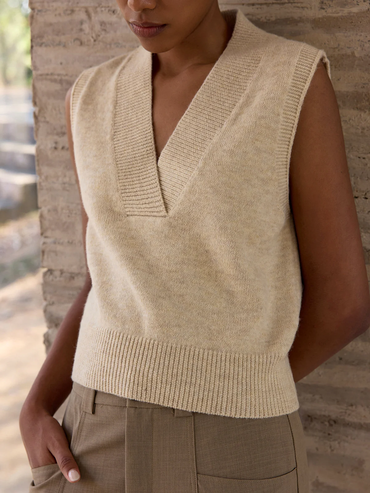 Wool-Blend V-Neck Sleeveless Knit Vest - Image 2