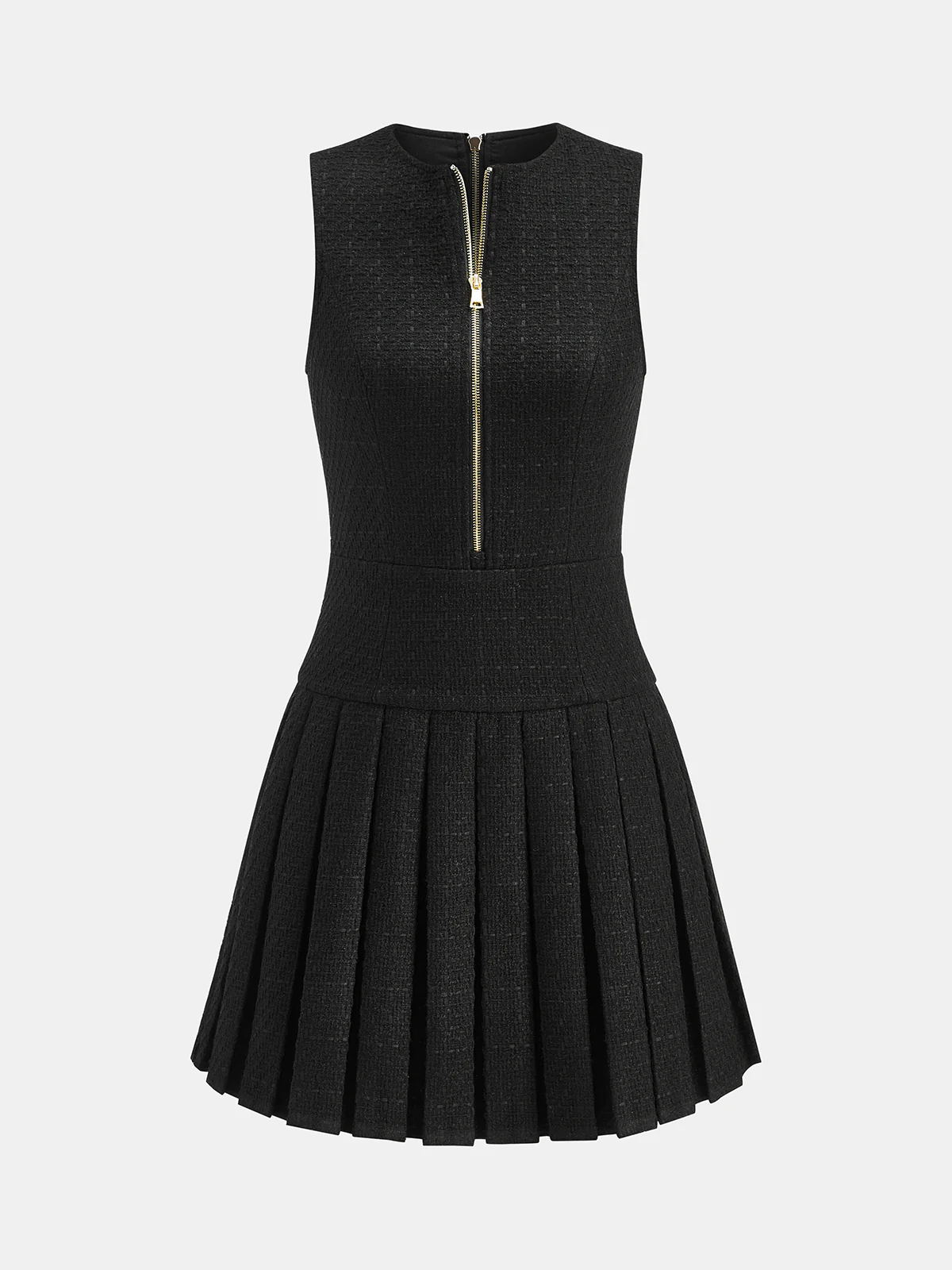 Zip-Front Pleated Tweed Mini Dress